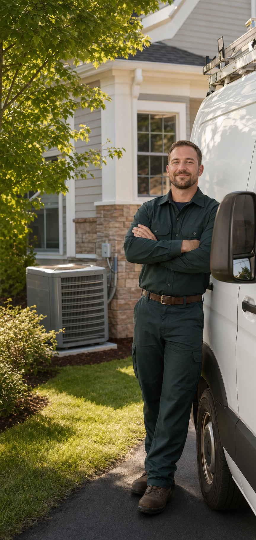HVAC technician standing beside a service van outside a home in Danbury, Connecticut