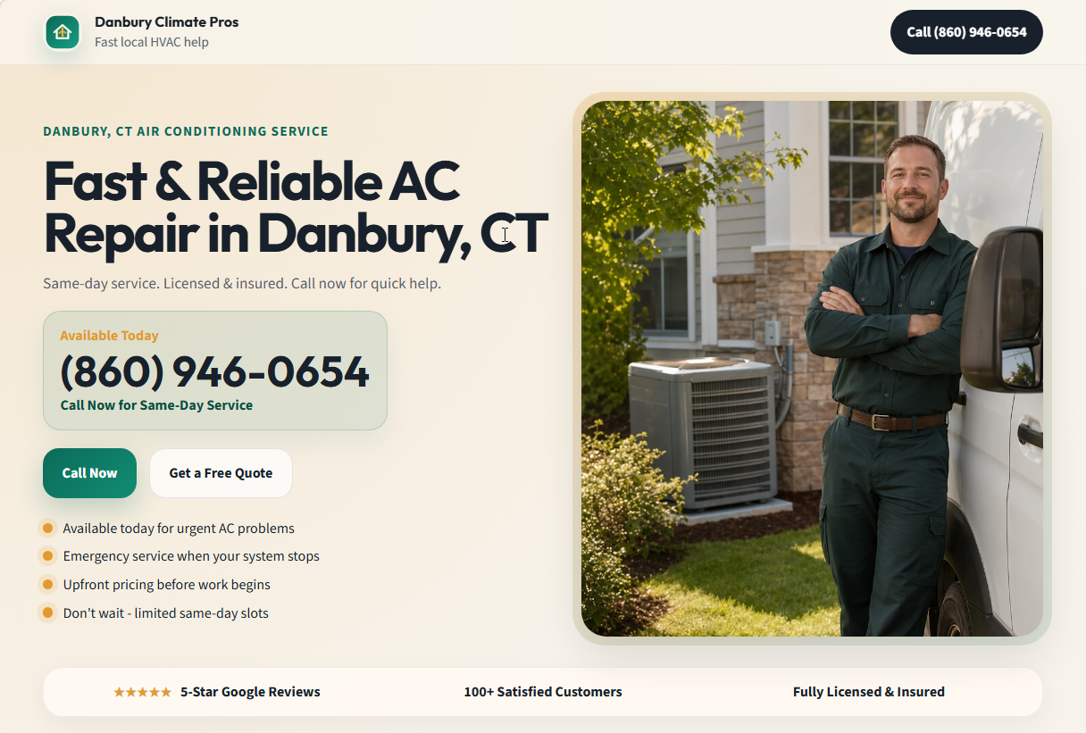 Screenshot of the Danbury Climate Pros HVAC website example page.